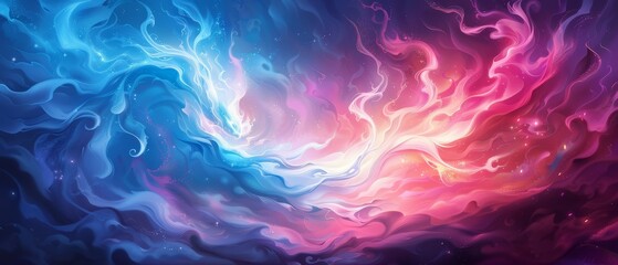  A blue, pink, and purple abstract painting swirls dominantly against a dark backdrop In the bottom right corner, stars and space are depicted