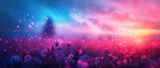  A painting of a field filled with purple and blue flowers beneath a backdrop of pink and blue cloud-studded sky