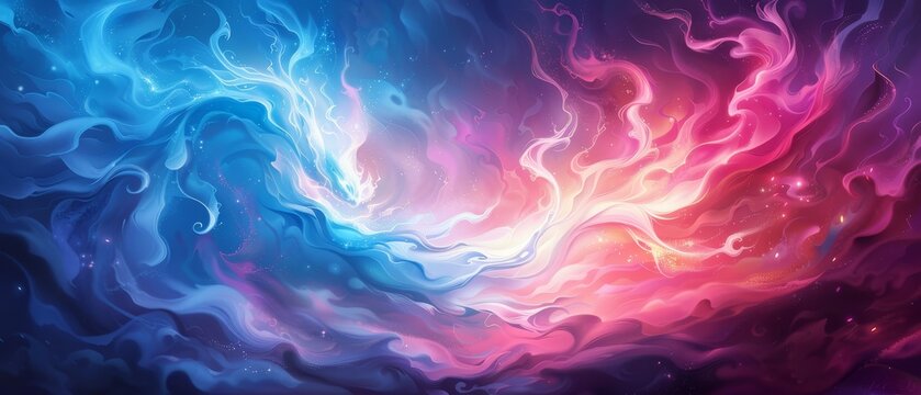  A blue, pink, and purple abstract painting swirls dominantly against a dark backdrop In the bottom right corner, stars and space are depicted