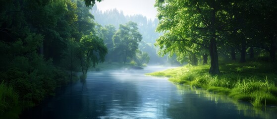 Obraz premium A river winds through a verdant forest, surrounded by tall green trees and grass