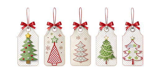 PNG five Christmas gift tags with tree and ribbon decorations transparent