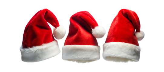 PNG three Santa hats with white pom-poms transparent