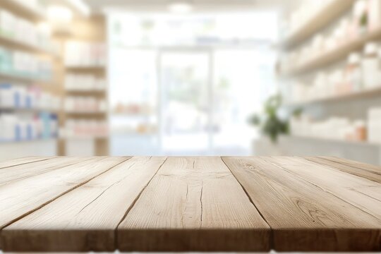 Empty wooden table in white season with blurred pharmacy interior as background with generative ai