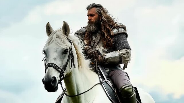 Knight in shining armor sits confidently on a white horse, ready for an adventure in vast, open landscape.