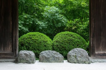 lush green garden with moss-covered rocks