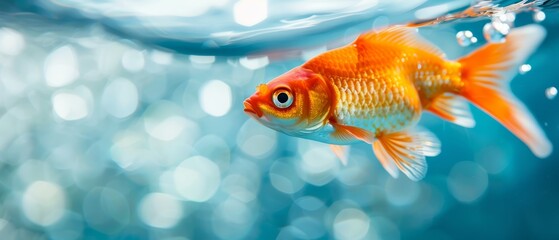 Fototapeta premium A goldfish in focus, surrounded by bubbles, with a blurred backdrop of aquatic bubbles