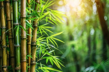 Obraz premium Green Bamboo Forest With Sunlight, Natural Background Concept. Green Bamboo Forest In China.