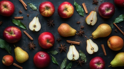 A vibrant display of red apples and ripe pears is surrounded by cinnamon sticks and star anise on a dark background, emphasizing the autumn harvest theme.