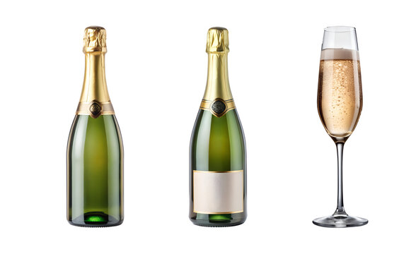 PNG set champagne bottles and flute isolated transparent