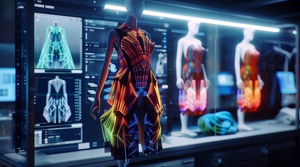 Fototapeta premium A futuristic display of fashion designs on mannequins with digital interfaces.