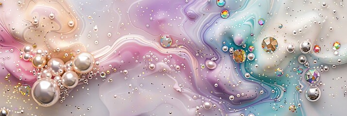 Beautiful pastel colored liquid wall art on a white background, with many bubbles and pearls on the surface of resin.