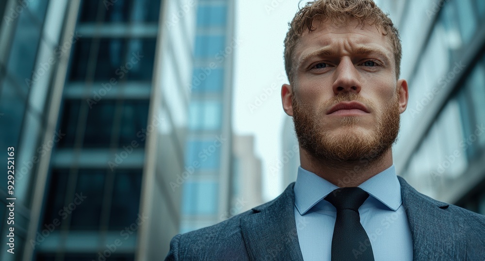 Poster Serious businessman with beard standing in front of modern office building