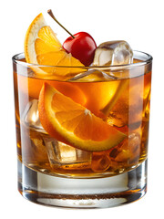 PNG bourbon old fashioned with cherry garnish transparent
