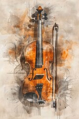 Vintage Wood-Brown Fiddle and Boho Melody Composition in Watercolor Style