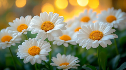 Fototapeta premium Daisies illuminated by warm, golden evening light, creating a tranquil and inviting scene. Ideal for nature-related projects.