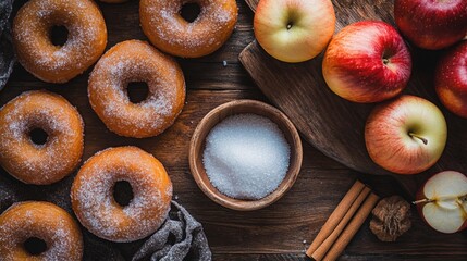 Golden donuts sprinkled with sugar are arranged alongside vibrant apples and a bowl of sugar, all enhanced by cinnamon sticks on a rustic wooden surface.