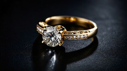 Elegant gold engagement ring with a sparkling diamond displayed on a dark surface