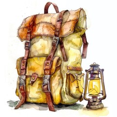 Watercolor Backpack and Lantern. Hiking Adventure Concept with Hand-drawn Illustration