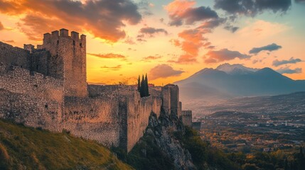 Obraz premium A majestic ancient castle perched on a hill, bathed in the golden hues of a dramatic sunset. Perfect for history and travel themes.