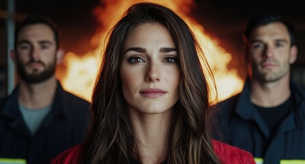 intense dramatic portrait of a woman with two men in the background