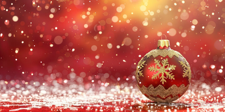 A red Christmas ornament ball decorated with gold snowflakes sits in a snowy scene, surrounded by sparkling bokeh lights and a festive atmosphere.