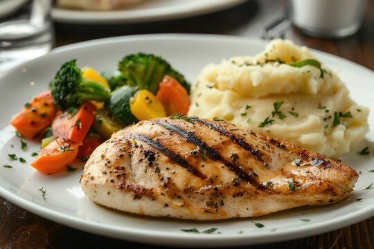 Grilled chicken breast served with mashed potatoes, steamed carrots, and broccoli on a white plate