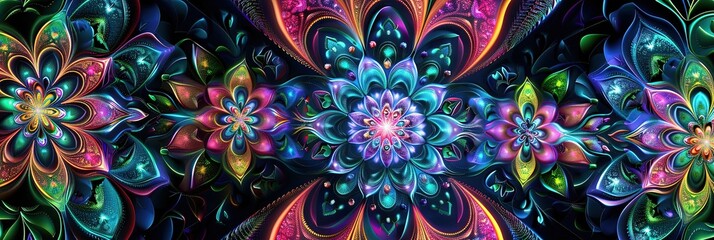 A psychedelic fractal background with vibrant neon colors, featuring an intricate flower design.