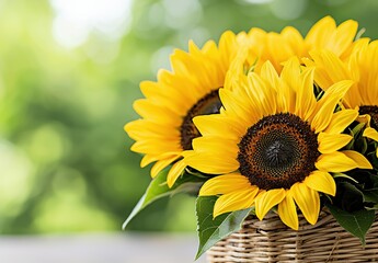 Vibrant yellow sunflowers in a wicker basket