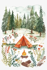 Watercolor Camping Adventure. Hand Drawn Nature Scene with Tent and Campfire