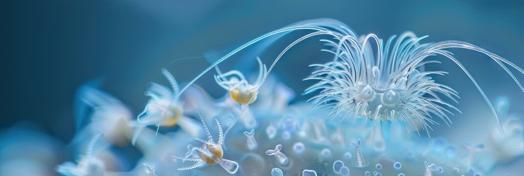 A macro photograph of a dinoflagellate (Ceratium hirundinella) showcasing its delicate, thread-like appendages.