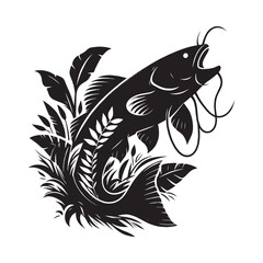 silhouette of Catfish filled with tropical plant in the jungle in rough drawing