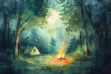 Watercolor Camping Adventure in the Forest. Illustration of Tent, Campfire, and Nature Landscape
