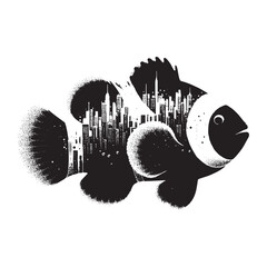 silhouette of Clownfish filled with cityline in rough drawing
