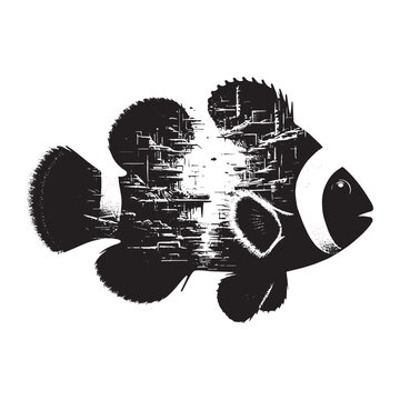 recommend clip art: silhouette of Clownfish filled with destroyed futuristic dystopia environment in rough drawing