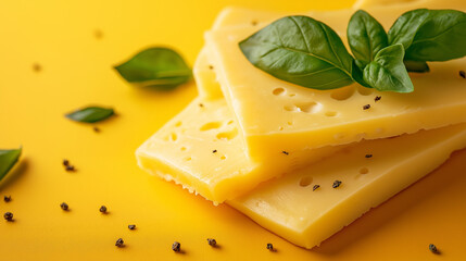 cheese slices isolated on yellow background