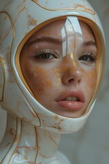 A futuristic portrait of a person in a sleek helmet with artistic facial paint.