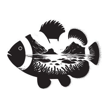 black and white fish with landscape clip art preview