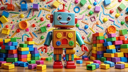 Vibrant, whimsical illustration of a smiling plastic toy robot standing amidst scattered blocks and toys, surrounded by colorful scribbles and playful patterns.