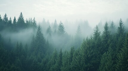 A misty forest landscape with dense evergreen trees shrouded in fog.