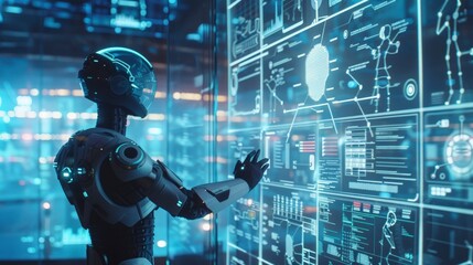 A futuristic robot interacting with a digital interface in a high-tech environment.
