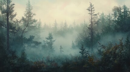 Naklejka premium A misty forest landscape with tall trees and soft light creating a serene atmosphere.
