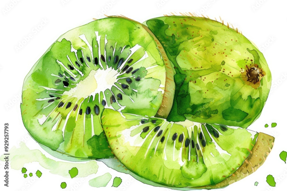 Canvas Prints Watercolor Kiwi Fruit - Fresh Juicy Green Slices in a White Isolated Background