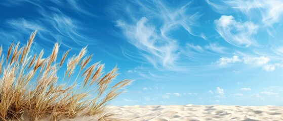  A blue sky pictured with clouds and grass in the foreground, plus sand