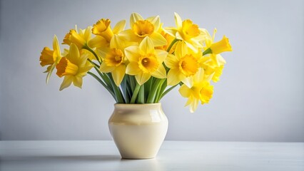 Vibrant yellow daffodils bursting with trumpet-shaped blooms and delicate petals overflow from a clear glass vase set against a soft, creamy white background.