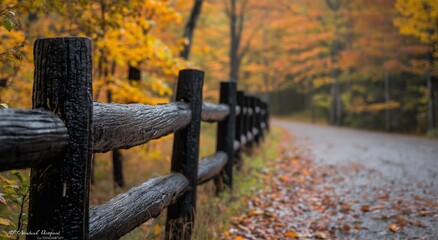 Black wooden fence along a road with colorful autumn leaves and trees in the background. Scenic autumn landscape.