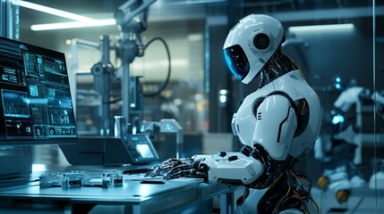 Fototapeta premium A futuristic robot working at a high-tech workstation with screens and machinery.