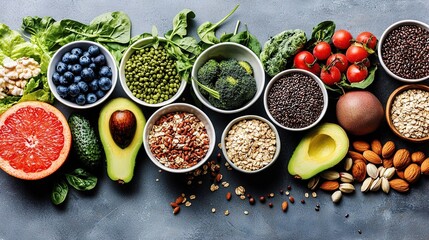   A variety of fruits, vegetables, and grains arranged in small bowls on a gray surface with a blue background