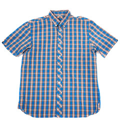 Men's casual short sleeved blue check shirt on white background