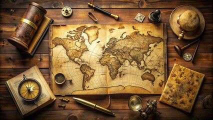 Vintage brown map with yellowed edges, creases, and tears, laid flat on a wooden desk, surrounded by old globes, compasses, and dusty tomes.