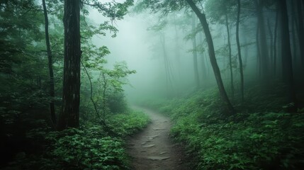 Obraz premium A misty forest path surrounded by lush greenery, evoking a sense of tranquility and mystery.
